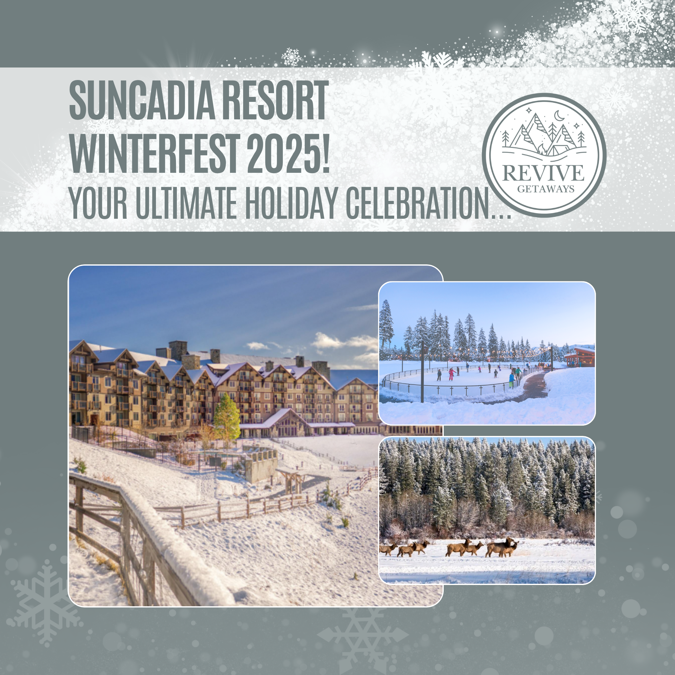 Suncadia Resort Winterfest 2025 promo graphic showing snowy lodge, outdoor ice rink, and elk in winter; Revive Getaways logo.