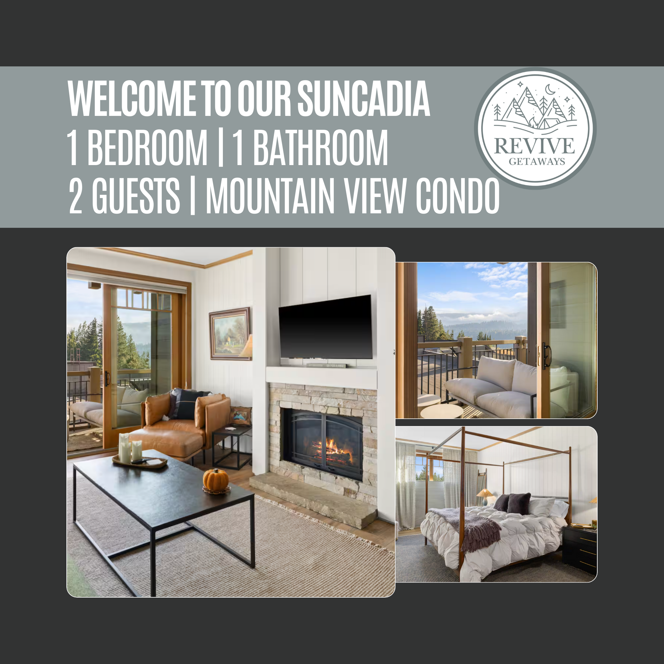 Collage of photos of a modern one-bedroom, one-bath Suncadia Lodge condo hosted by Revive Getaways, featuring a cozy living room with fireplace, king bedroom, spa-inspired bathroom, fully stocked kitchen and dining area, plus a balcony with plush seating and sweeping Cascade mountain views, along with aerial and village images of the Suncadia resort grounds.