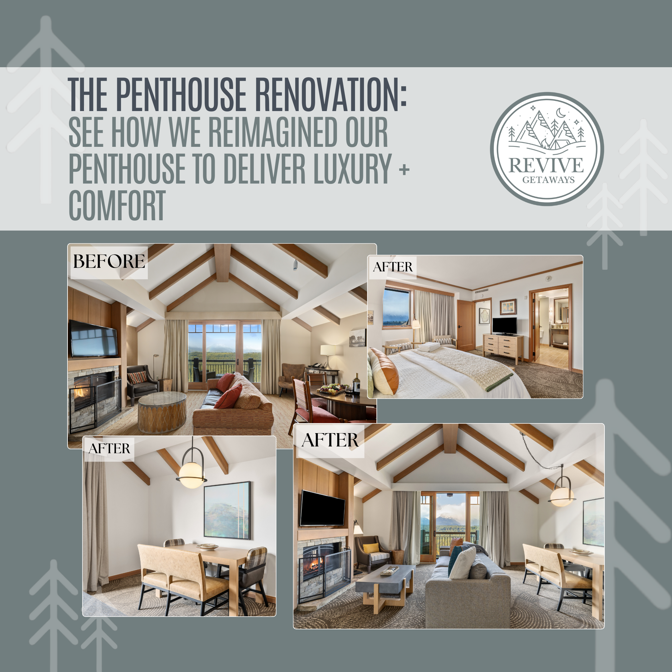 Luxury penthouse renovation at Suncadia Resort featuring before and after interiors with mountain views, modern furnishings, and elevated lodge style design by Revive Getaways.