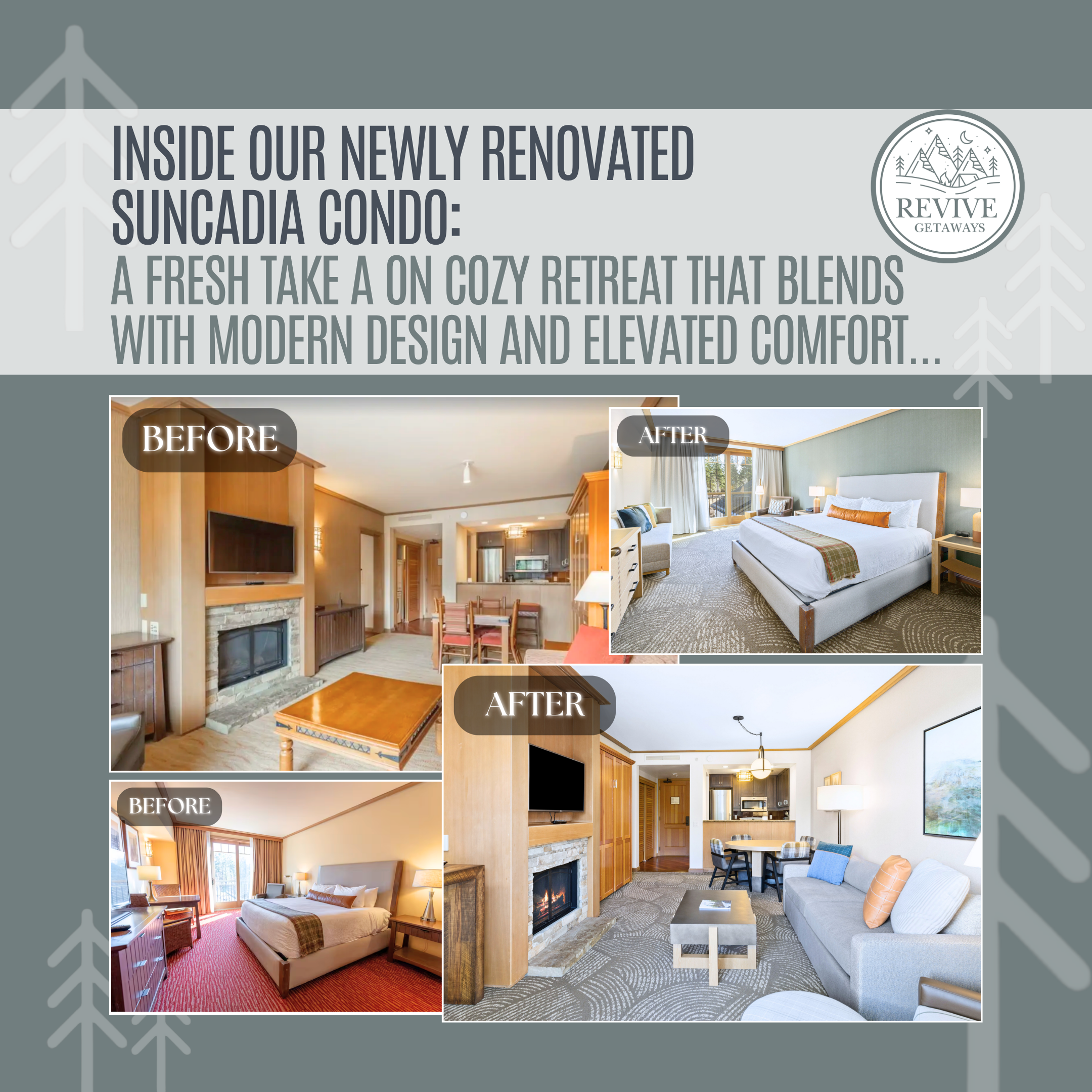 Newly renovated Suncadia condo interior with before-and-after transformation featuring modern living room, bedroom, dining area, and mountain lodge exterior