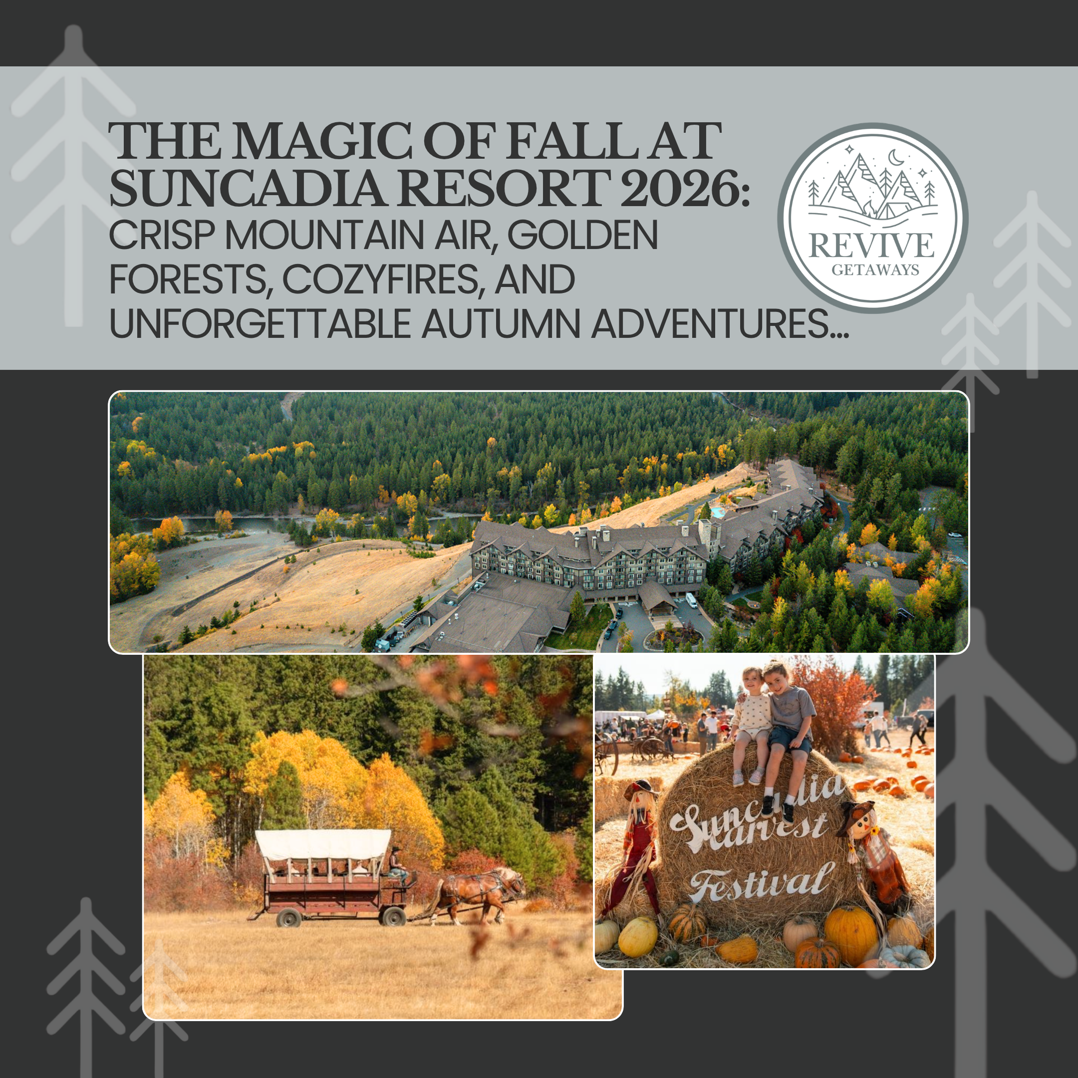 Fall 2026 at Suncadia Resort in Cle Elum, Washington featuring autumn activities, Harvest Festival, Halloween events, spa experiences and luxury Revive Getaways vacation rentals.